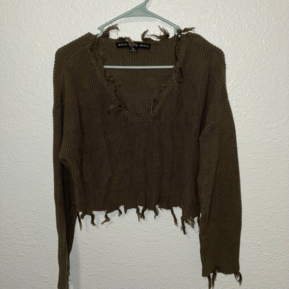 HYFVE Olive Green Distressed Knit Cropped V-Neck Sweater